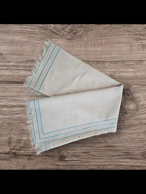Cream Linen-Blend Table Runner with Blue and Pink Trim